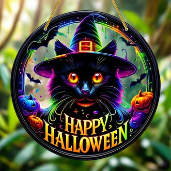 Black Cat Suncatcher Halloween Acrylic Round Sign