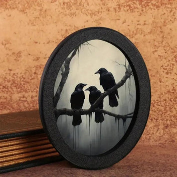Gothic Raven Wooden Oval Frame - Dark Crows Oval Wall Art - Witch Halloween Wall Decoration