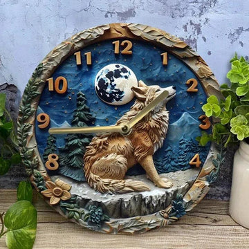 Moon Wolf Wooden Wall Clock Spirit Wolf Home Decor-MoonChildWorld