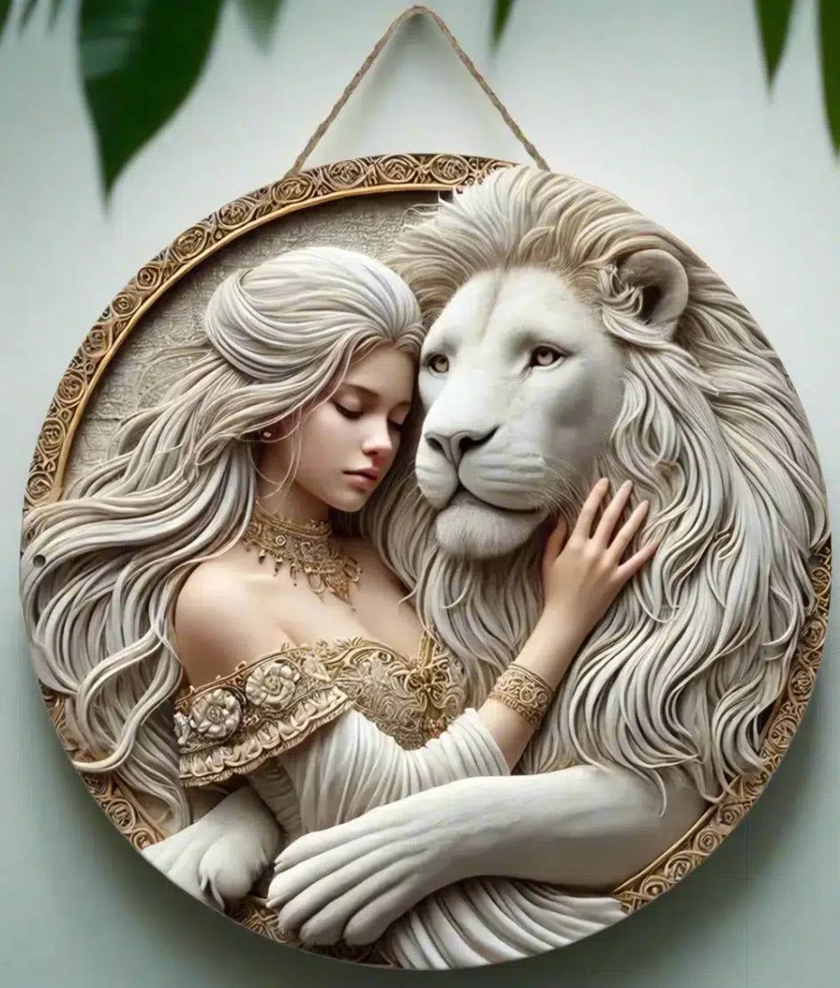 White Lion and Goddess Wooden Sign Mystic Hanging Sign-MoonChildWorld