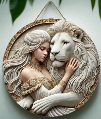 White Lion and Goddess Wooden Sign Mystic Hanging Sign