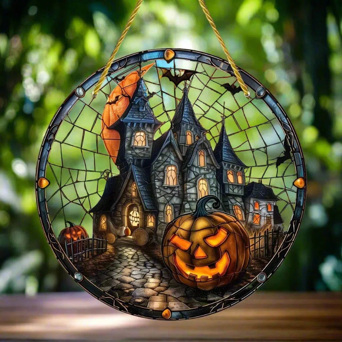 Halloween Haunted House Suncatcher Gothic Acrylic Round Sign Witch Window Hanging Decor-MoonChildWorld