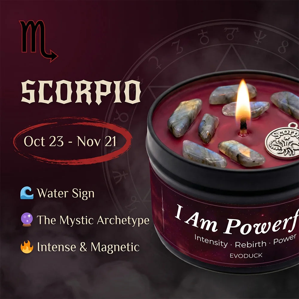 Scorpio Zodiac Candle, Oct 23 to Nov 21, with labradorite crystals in wax - Water Sign, The Mystic Archetype, Intense and Magnetic
