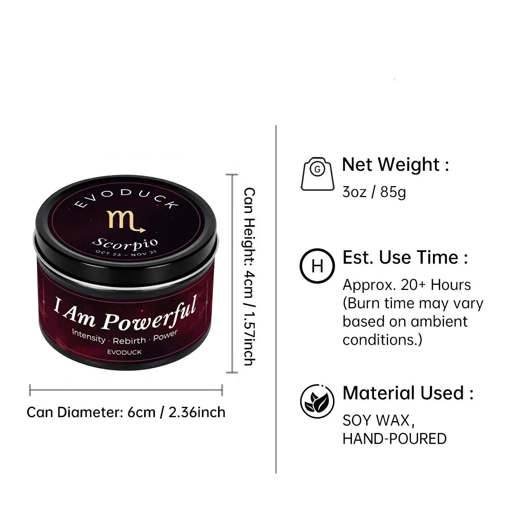 Scorpio Candle size specifications infographic - 3oz soy wax candle, 20 hour burn time, hand-poured