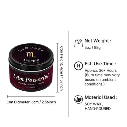 Scorpio Candle size specifications infographic - 3oz soy wax candle, 20 hour burn time, hand-poured