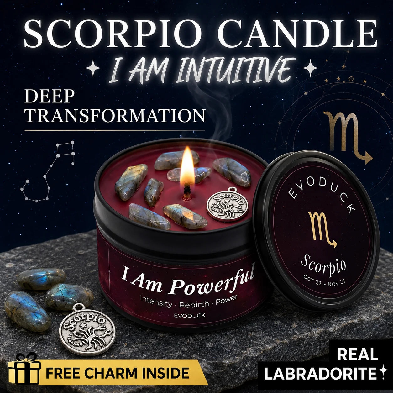 Scorpio Zodiac Candle I Am Powerful with labradorite crystals and Scorpio charm - Deep Transformation, Real Labradorite, Free Charm Inside