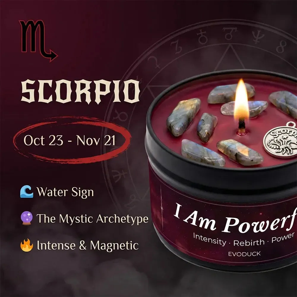 Scorpio Zodiac Candle, Oct 23 to Nov 21, with labradorite crystals in wax - Water Sign, The Mystic Archetype, Intense and Magnetic