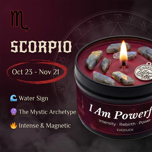 Scorpio Zodiac Candle, Oct 23 to Nov 21, with labradorite crystals in wax - Water Sign, The Mystic Archetype, Intense and Magnetic