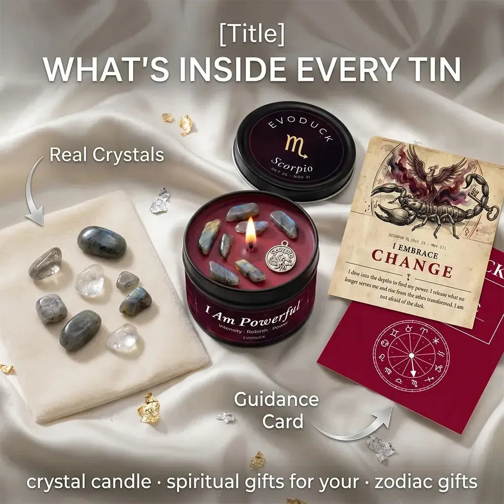 What's Inside Every Tin - Scorpio Candle with real labradorite crystals and I Embrace Change guidance card featuring a scorpion illustration