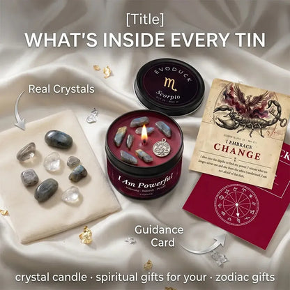 What's Inside Every Tin - Scorpio Candle with real labradorite crystals and I Embrace Change guidance card featuring a scorpion illustration