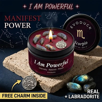 Scorpio Candle I Am Powerful with labradorite crystal chunks and Scorpio charm on stone - Manifest Power, Real Labradorite, Free Charm Inside