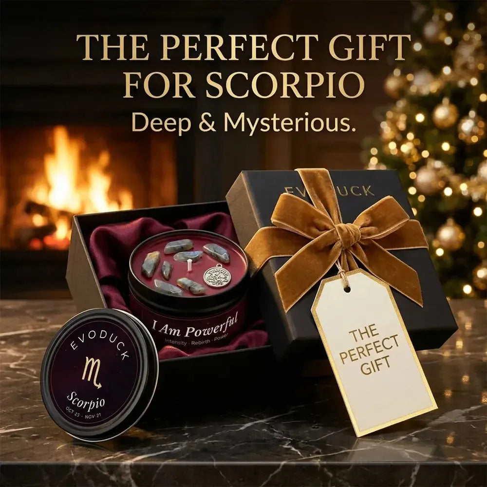 Scorpio Candle gift box with gold velvet ribbon and gift tag by a fireplace - The Perfect Gift for Scorpio, Deep and Mysterious