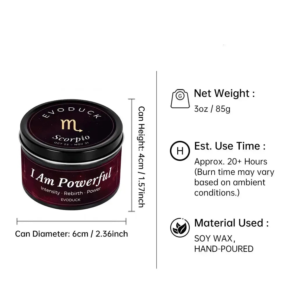 Scorpio Candle size specifications infographic - 3oz soy wax candle, 20 hour burn time, hand-poured