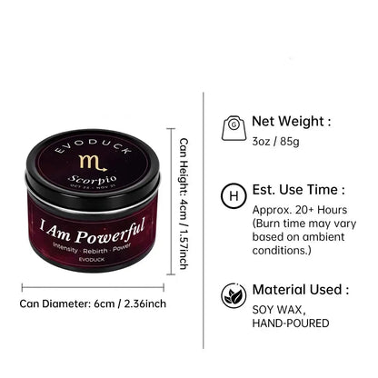 Scorpio Candle size specifications infographic - 3oz soy wax candle, 20 hour burn time, hand-poured