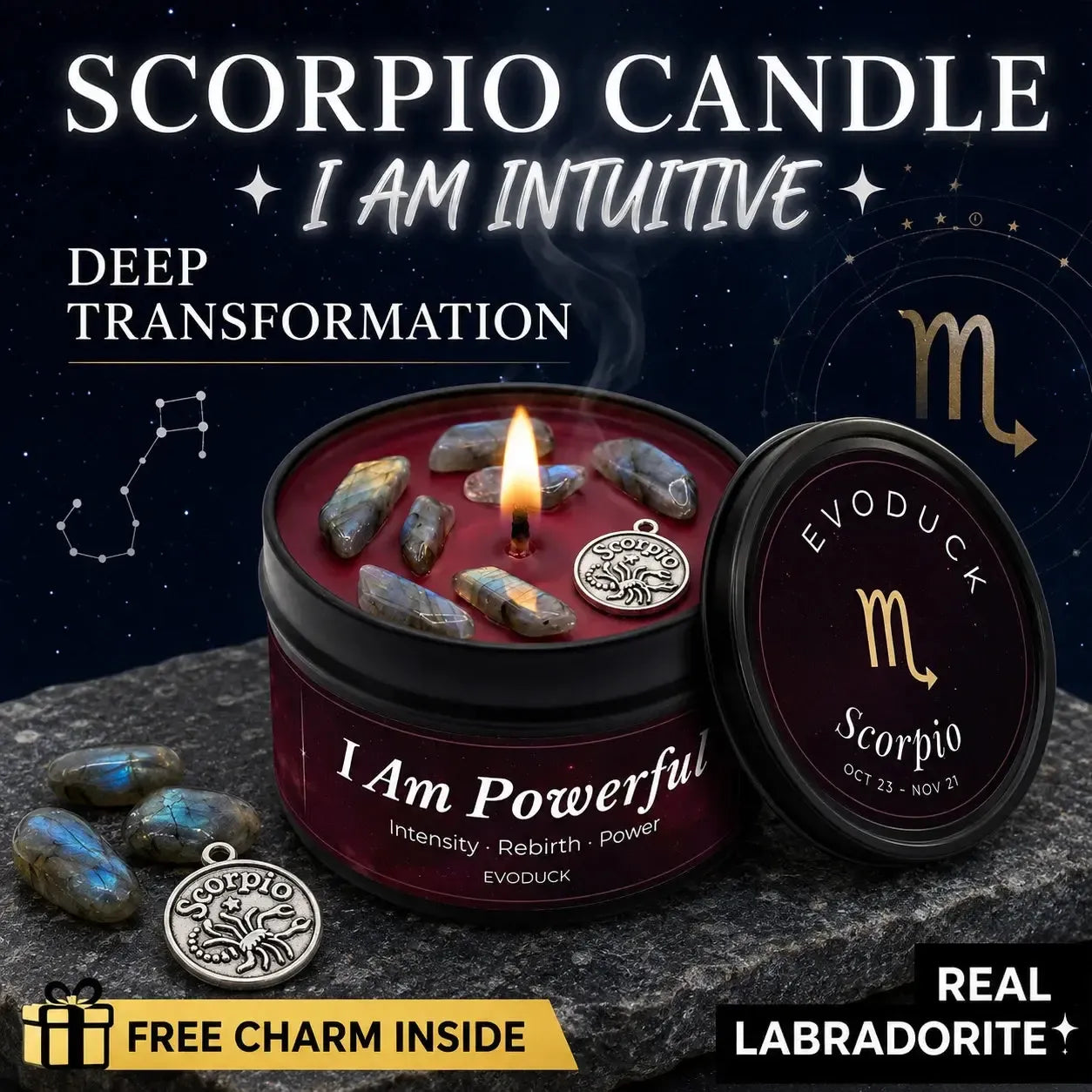 Scorpio Zodiac Candle I Am Powerful with labradorite crystals and Scorpio charm - Deep Transformation, Real Labradorite, Free Charm Inside