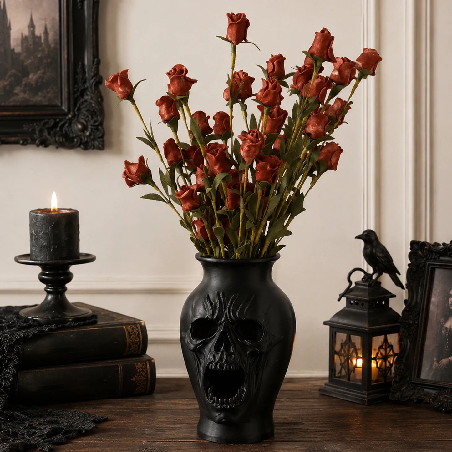 Screaming skull embossed vase – gothic flower vessel, front view