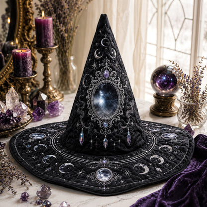 Scrying Mirror Witch Hat – Divination Moon Phase Occult Brim Hat – on an altar table