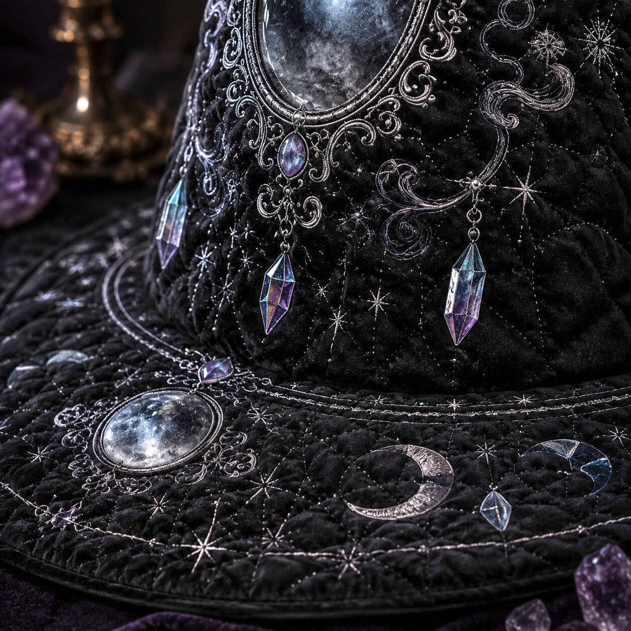Scrying Mirror Witch Hat – Divination Moon Phase Occult Brim Hat – styled with candles and crystals