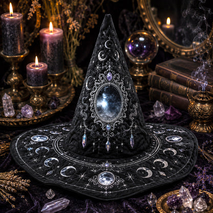 Scrying Mirror Witch Hat – Divination Moon Phase Occult Brim Hat – worn, front view