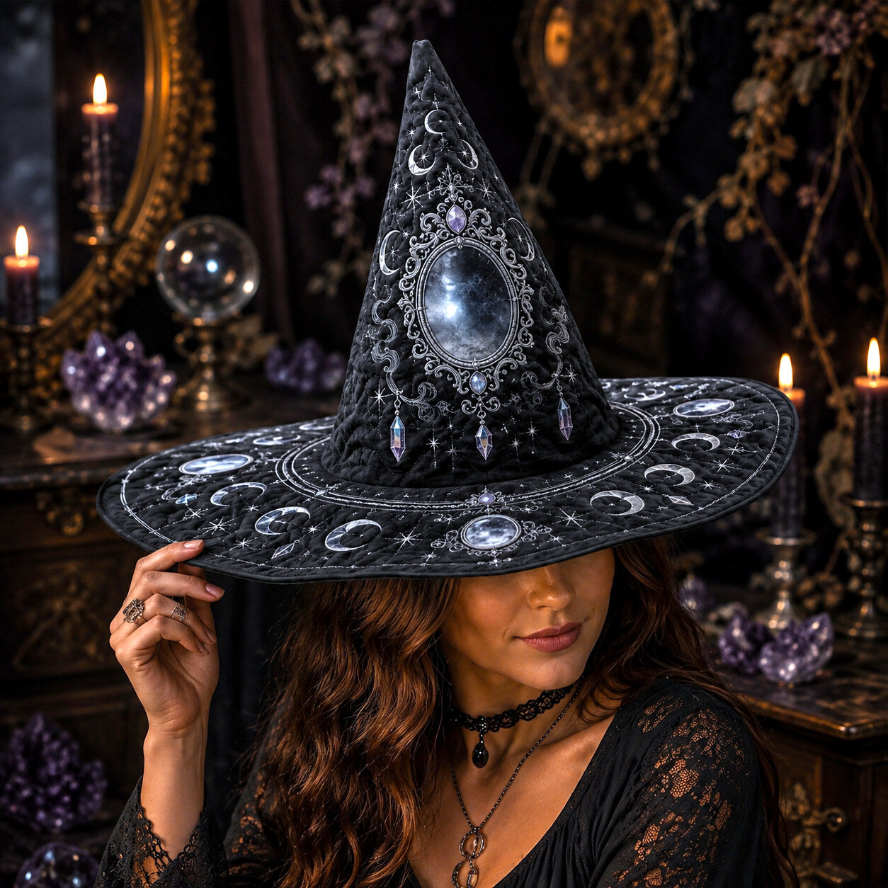 Scrying Mirror Witch Hat – Divination Moon Phase Occult Brim Hat – quilting and print detail