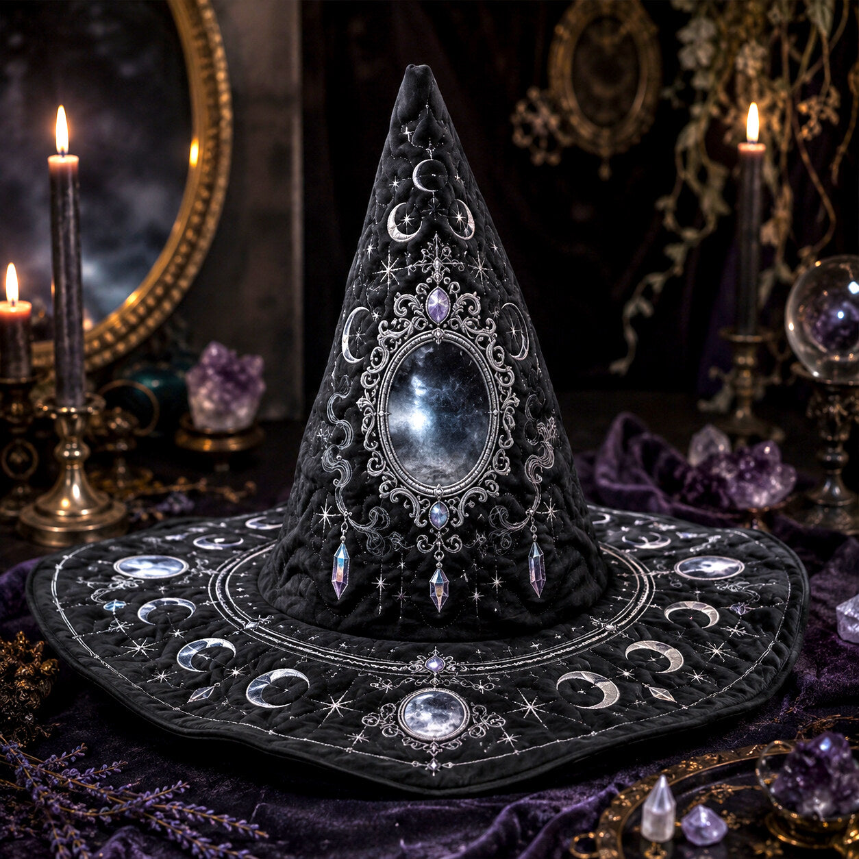 Scrying Mirror Witch Hat – Divination Moon Phase Occult Brim Hat – held in both hands