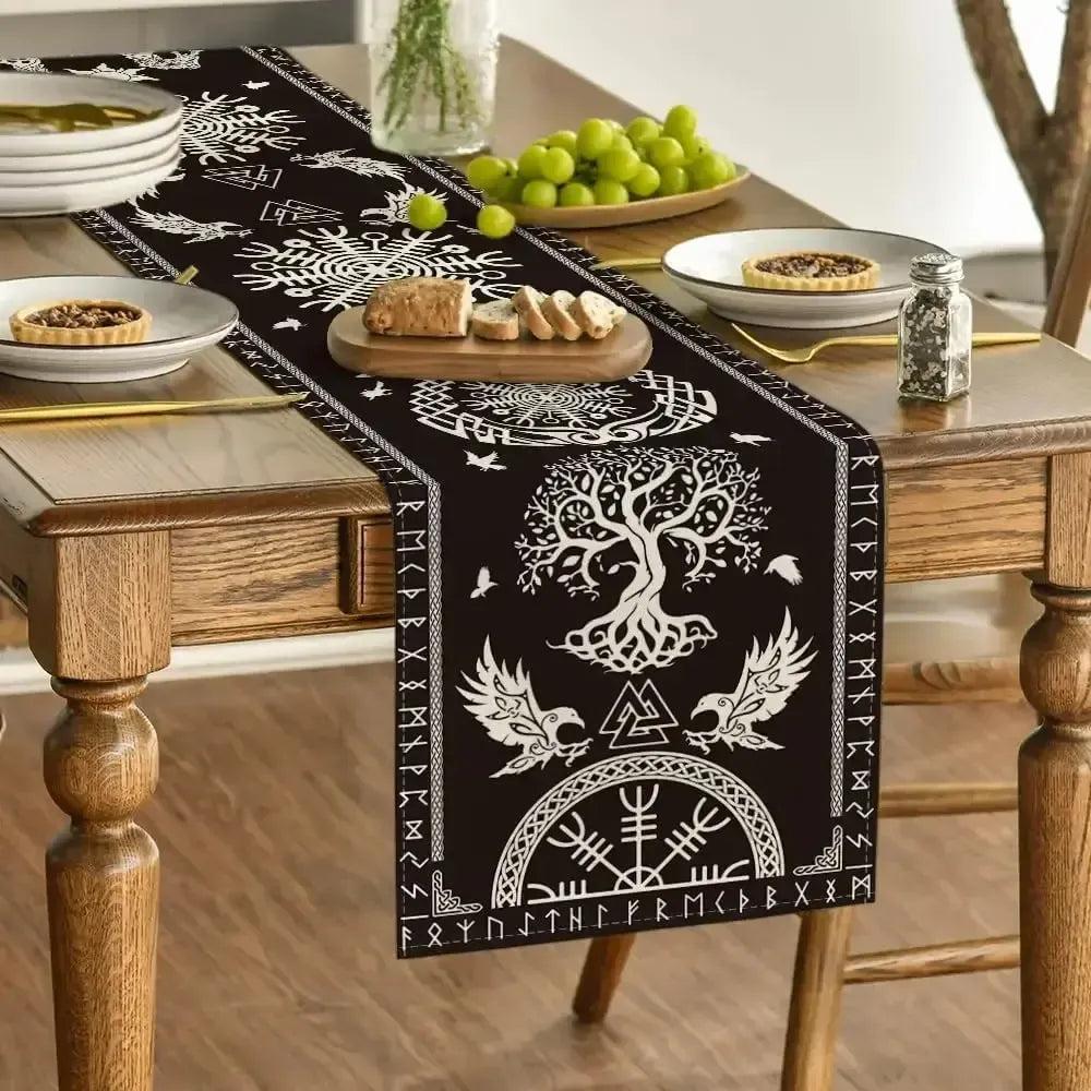 Viking Runes Tree of Life Linen Table Runners - Norse runes Pagan Table Runner Viking Home Decor-MoonChildWorld