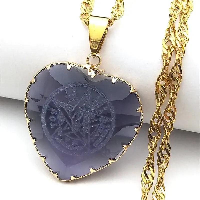 Tetragrammaton Hebrew Pentagram Heart Shaped Glass Necklace Witchcraft Jewelry-MoonChildWorld