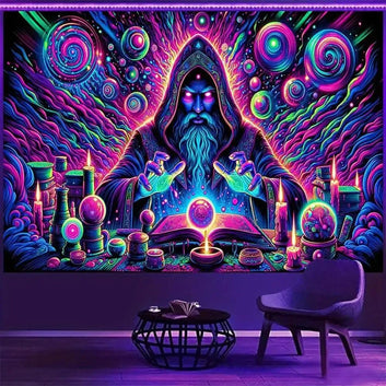 Halloween Wizard Fluorescent Tapestry Blacklight Tapestry Wizard Tapestry UV Reactive Neon Tapestry