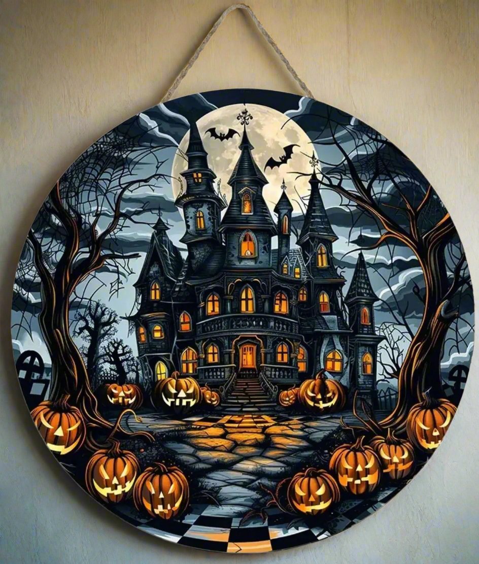 Gothic Haunted House Wooden Sign Witchy Hanging Sign for Halloween-MoonChildWorld