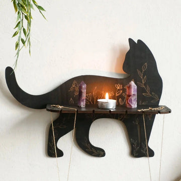 Flower Black cat Crystal Shelf Display Witchy Home Decorations Black Cat Wooden Wall Shelf-MoonChildWorld