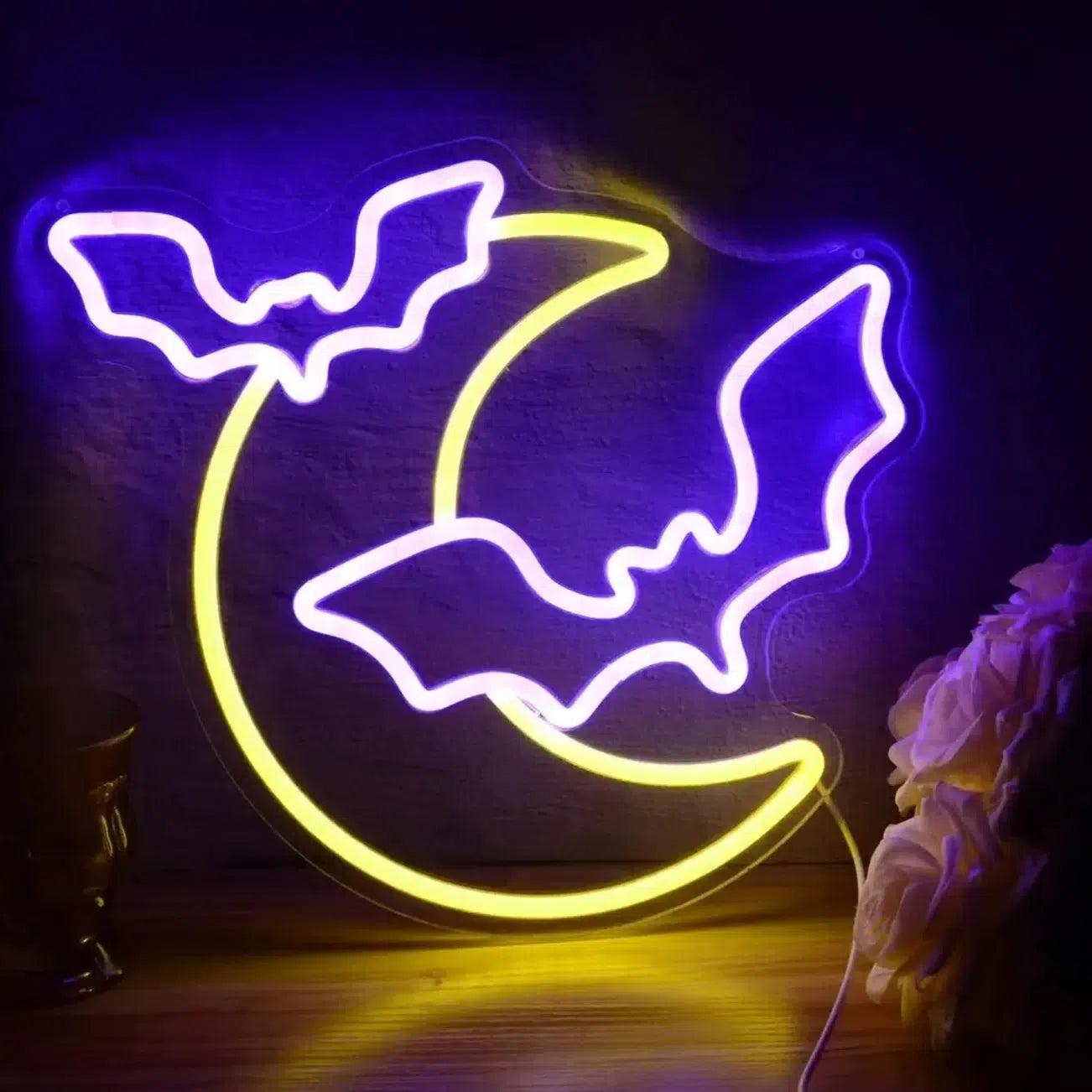 Witchy Moon and Bat Neon Signs Gothic Bat LED Neon Light Witch Wall Decor Halloween Decorations-MoonChildWorld