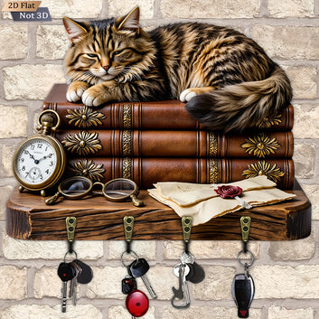 2D Vintage Cat Key Holder 4 Metal Hooks - Mystic Wood Key Rack