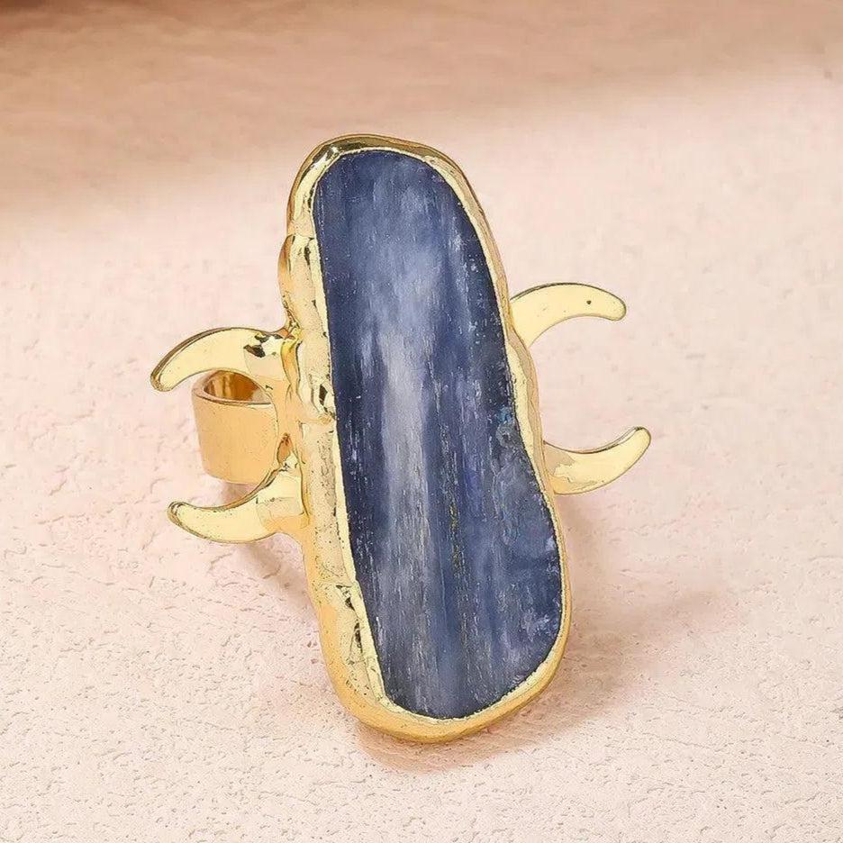 Healing Blue Kyanite Natural Stone Ring Wiccan Triple Moon Ring Pagan Jewelry-MoonChildWorld