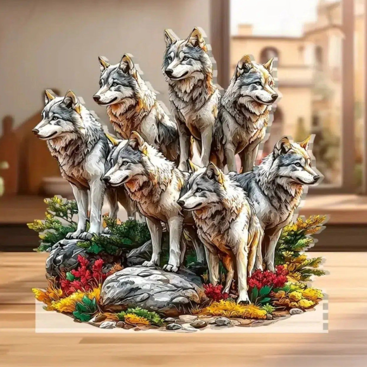 Bohemian Wolf Statue 2D Flat Acrylic Table Ornament Wolf Desktop Decor-MoonChildWorld