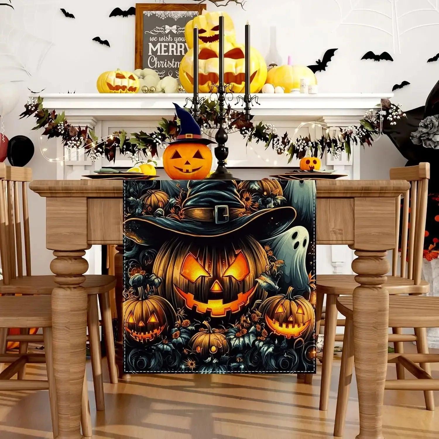 Pumpkins Ghost Linen Halloween Table Runner Spooky Table Runner Gothic Witch Home Decor-MoonChildWorld