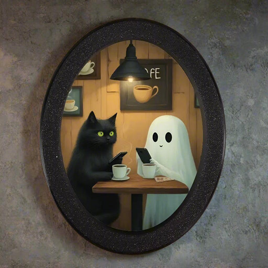 Ghost and Black Cat Spooky Wooden Oval Frame - Gothic Oval Wall Art - Halloween Wall Decoration