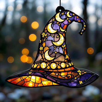 Moon Star Witch Hat Acrylic  Suncatcher Halloween Window Decoration Wind Chime - Witchy Hanging Ornament