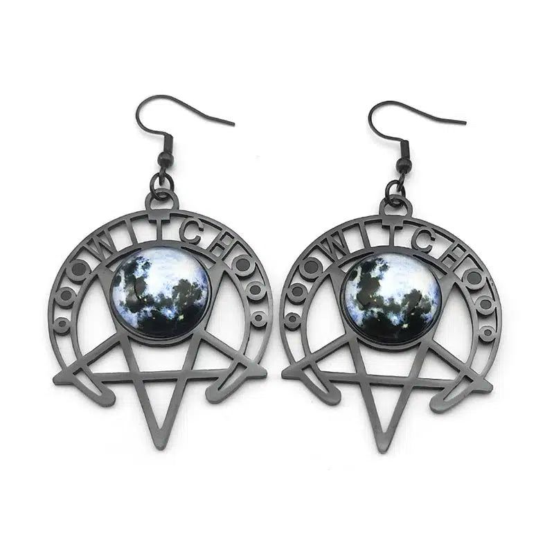 Gothic Earrings Witch Moon Dark Magic Inverted Pentacle Earrings-MoonChildWorld