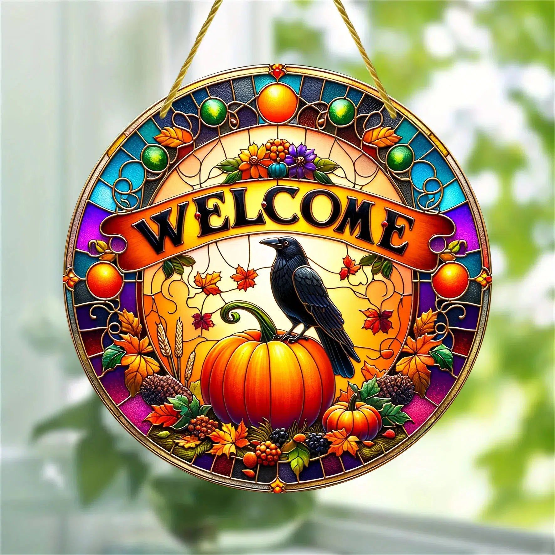 Pumpkin Black Crow Suncatcher Raven Halloween Acrylic Round Sign-MoonChildWorld