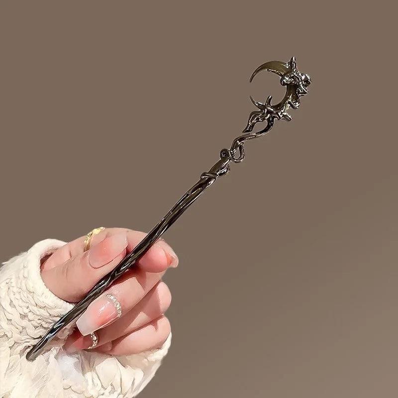 Black Crystal Moon Tassel Hair Stick Gothic Moon Hair Stick Witchy Hair Accessories-MoonChildWorld