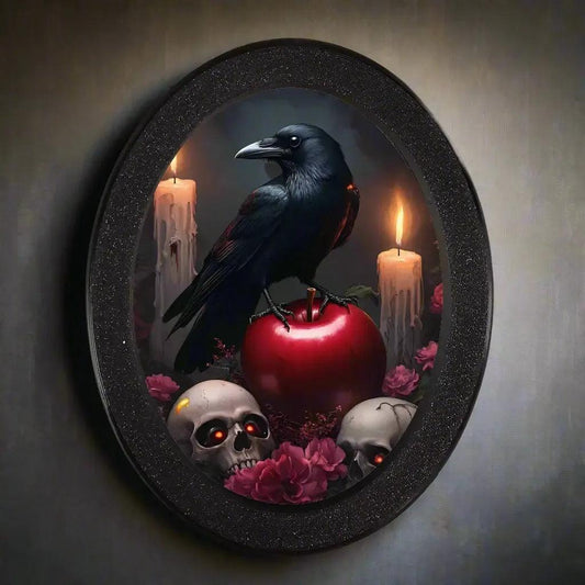 Skull & Red Apple Black Crow Retro Wall Art - Gothic Raven Wooden Oval Frame Halloween Wall Decor