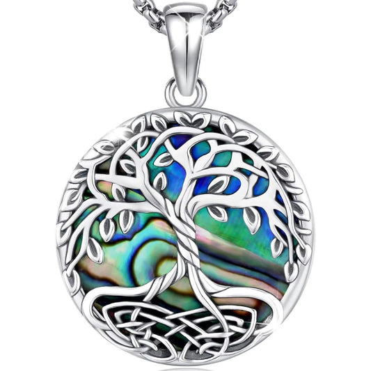 925 Sterling Silver Tree of Life Necklace Abalone Shell Celtic Knot Pagan Jewelry