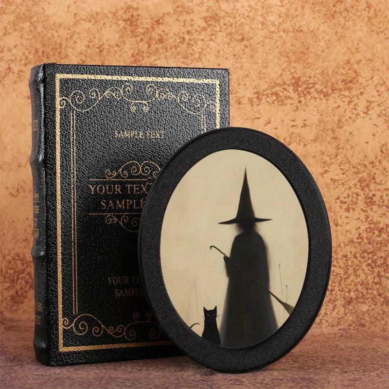 Creepy Witch Silhouette with Black Cat Spooky Wooden Oval Frame - Gothic Oval Wall Art - Halloween Wall Decoration-MoonChildWorld