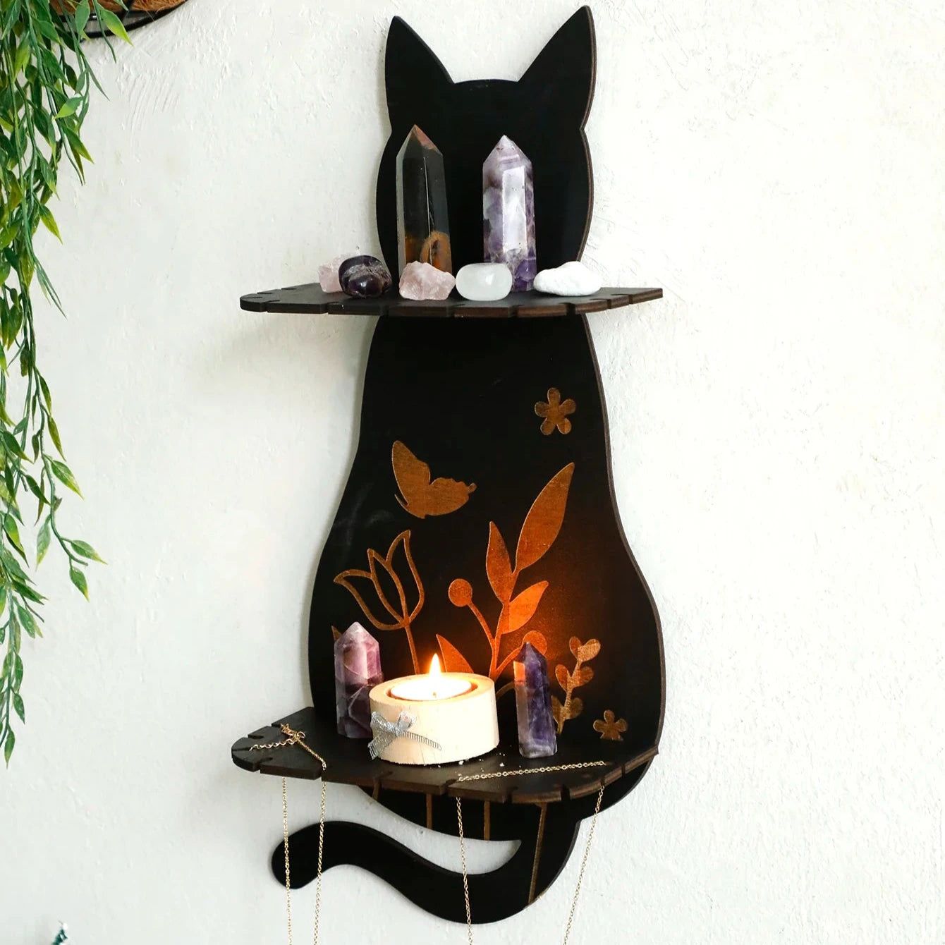 Flower Black cat Crystal Shelf Display Witchy Home Decorations Black Cat Wooden Wall Shelf-MoonChildWorld