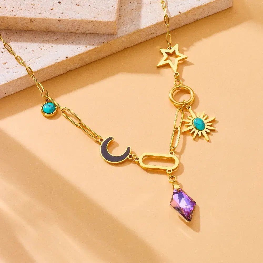 Amethyst Turquoise Celestial Sun Moon Stars Necklace Wiccan Jewelry-MoonChildWorld