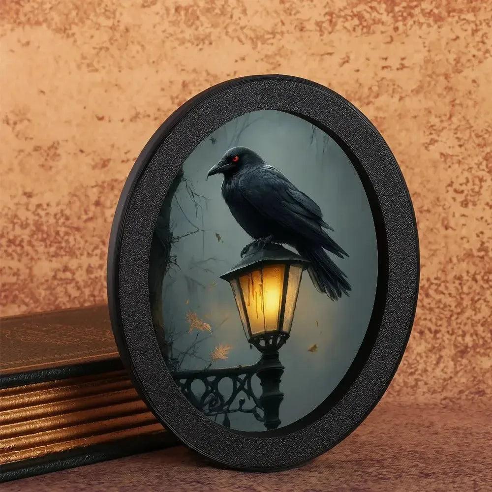 Retro Dark Crow Wall Art - Witchy Black Raven Gothic Wooden Oval Frame Halloween Wall Decoration-MoonChildWorld