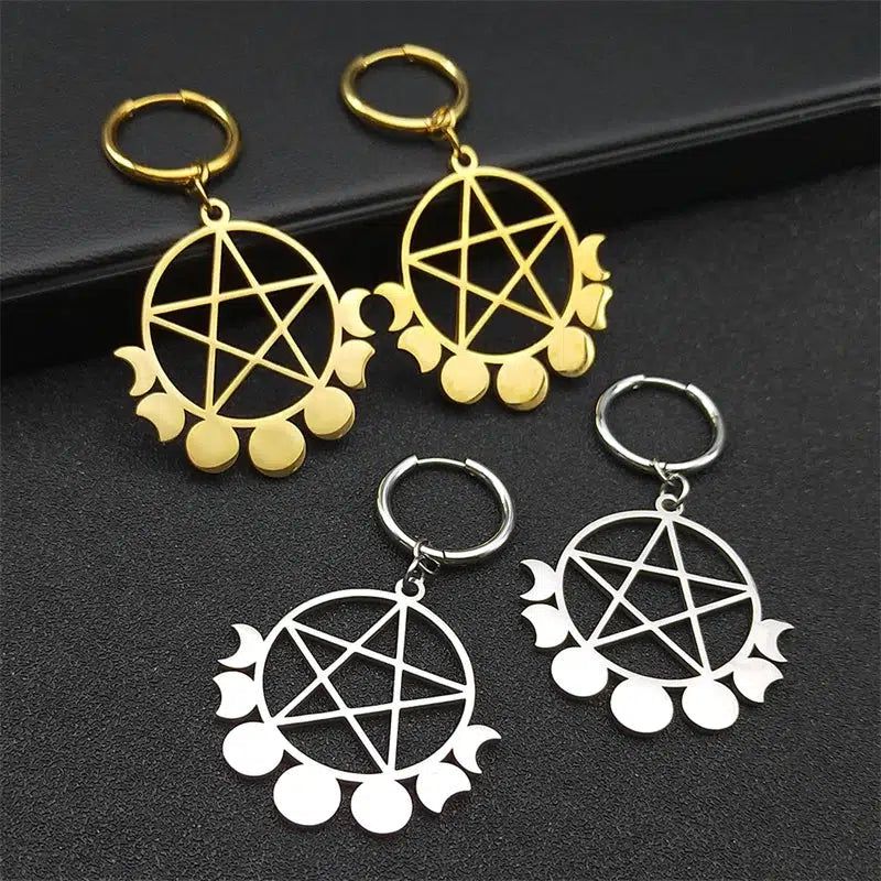 Goth Witchcraft Pentacle Moon Phase Earrings Witch Jewelry-MoonChildWorld