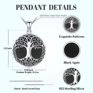 925 Sterling Silver Tree of Life Necklace Black Agate Celtic Knot Pagan Jewelry