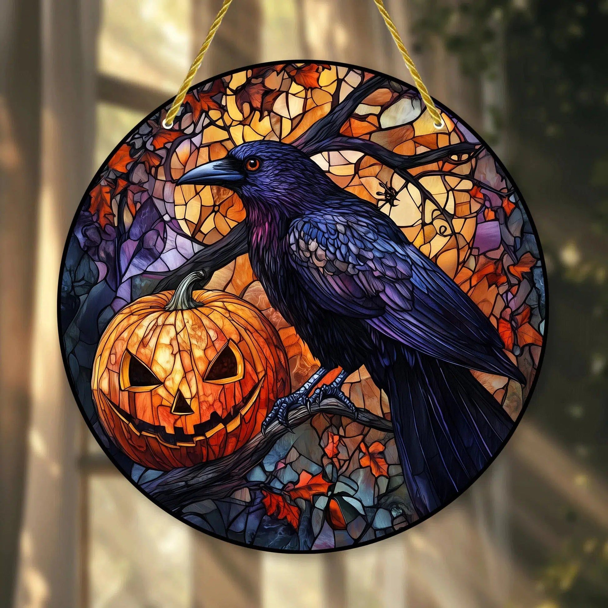 Gothic Crow Window Art Pumpkin Raven Suncatcher Halloween Hanging Ornament-MoonChildWorld