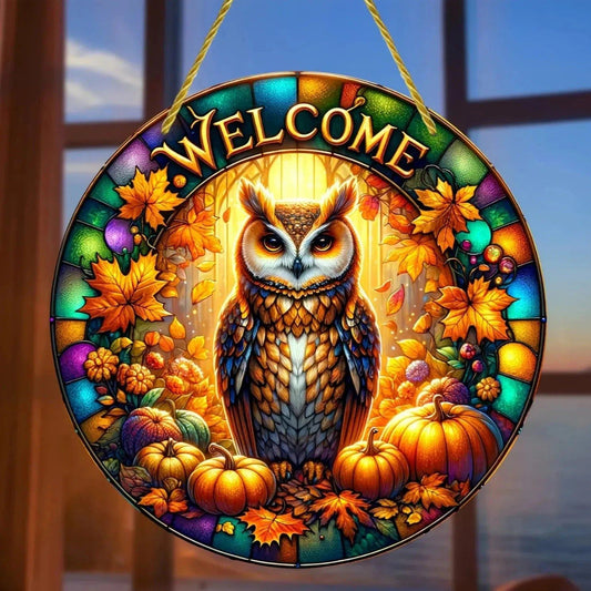 Witchy Owl Suncatcher Halloween Acrylic Round Sign